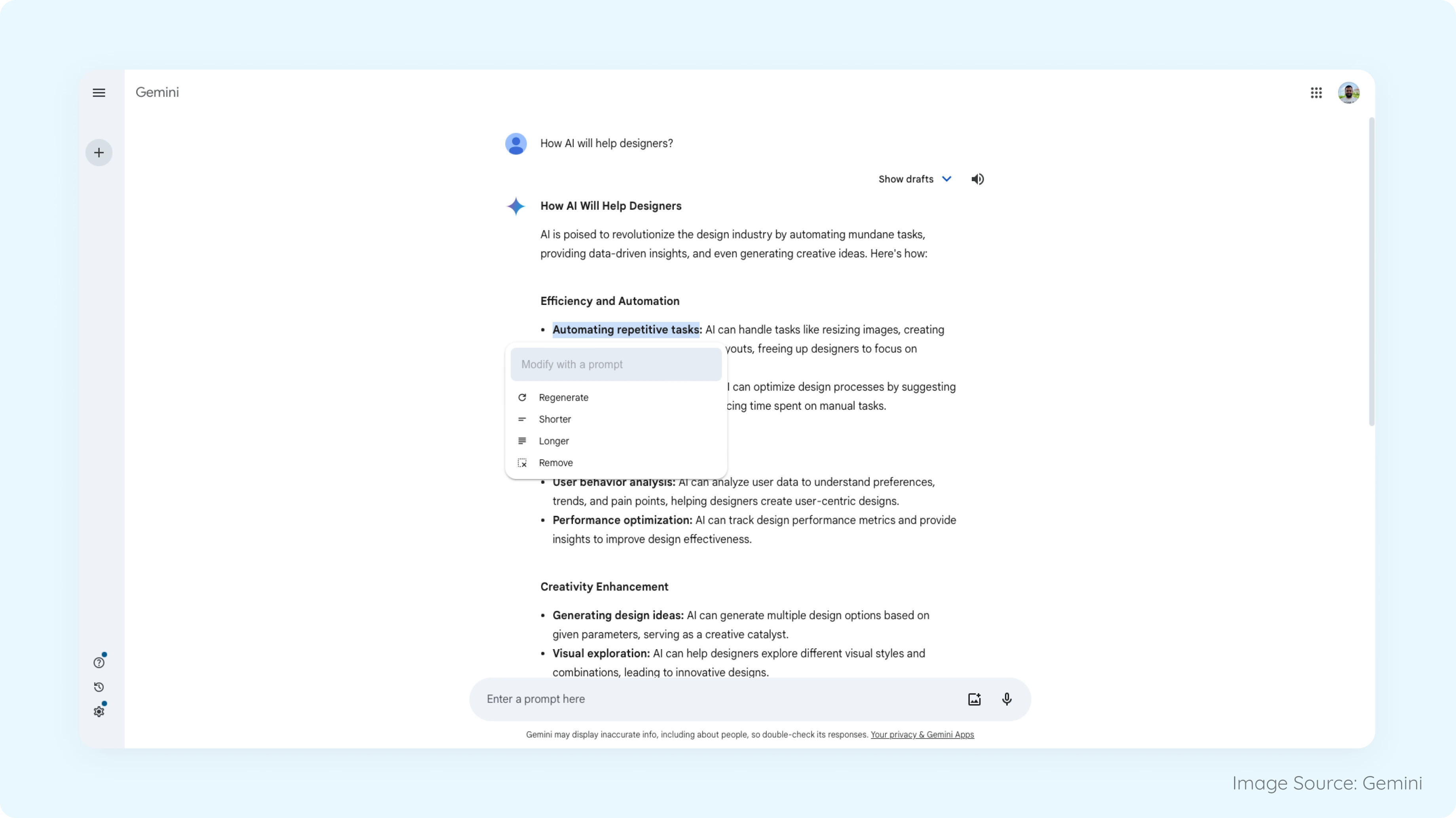Refine Output Pattern Example from Gemini Illustration showing user interaction with AI-generated content refinement options