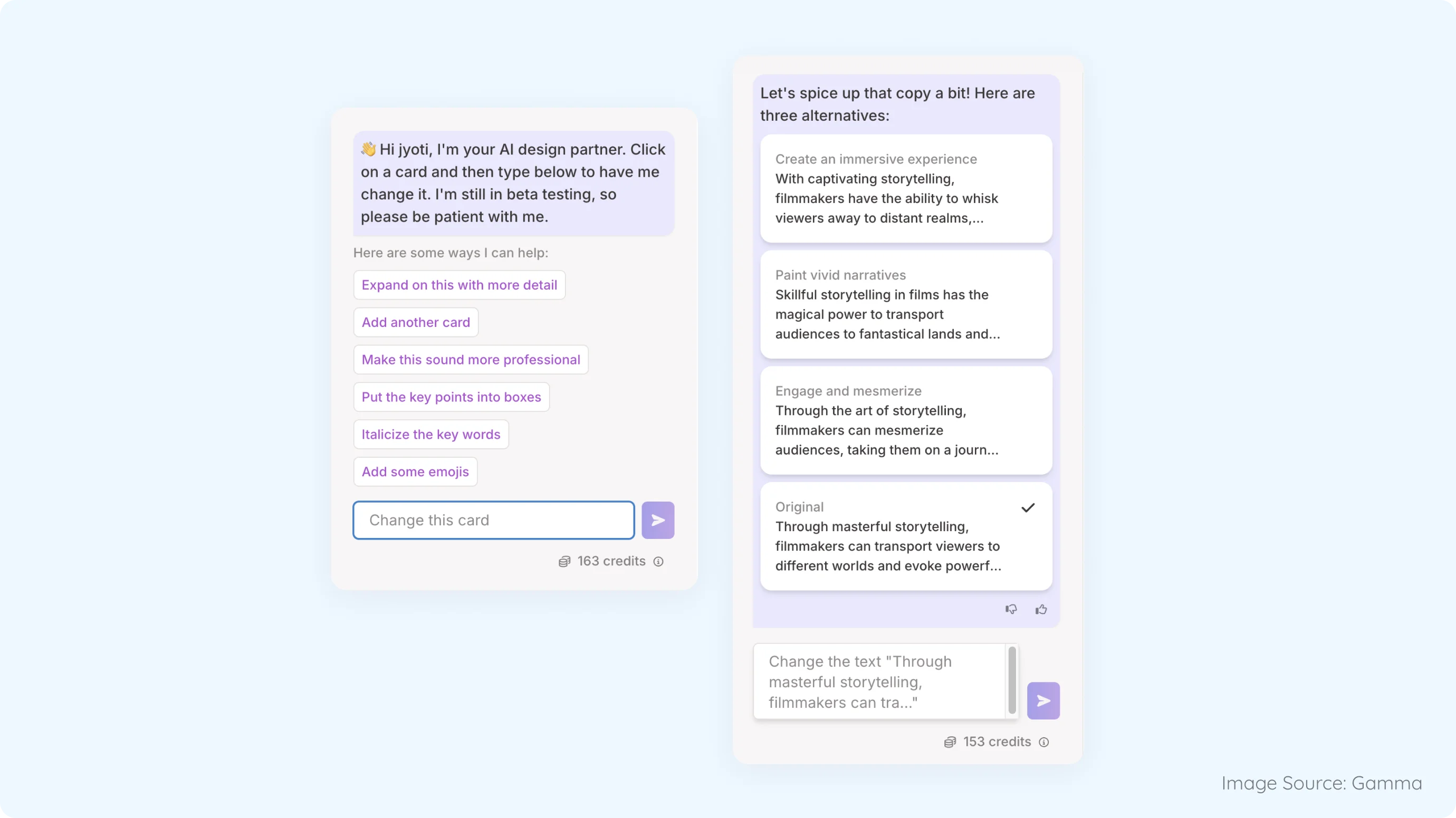 Predictive Assistance Suggestions example from Gamma UI showing proactive AI suggestions based on user context, predicting needs and offering timely support to streamline workflows.