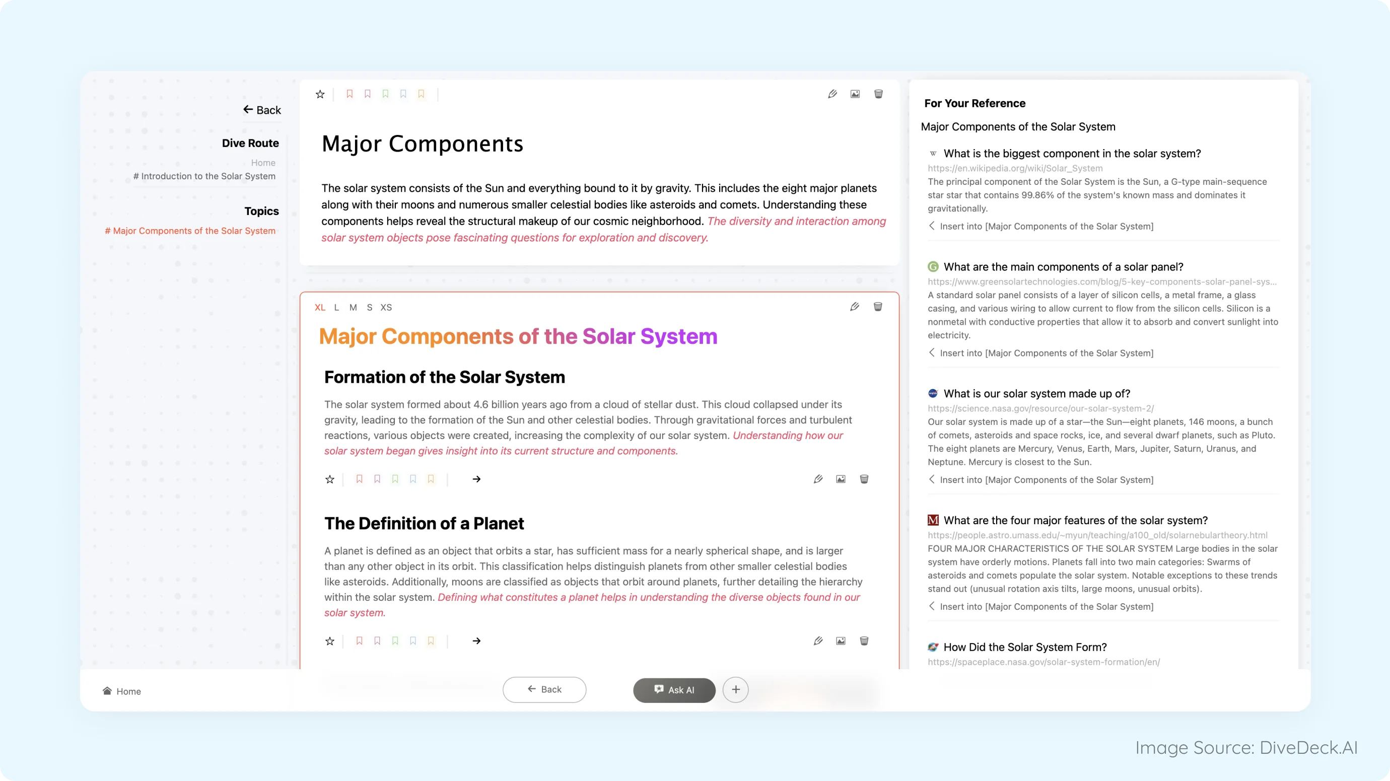 Context Retention Feature example from DiveDeck AI UI illustrating AI remembering past interactions to maintain coherent and personalized conversational context over time