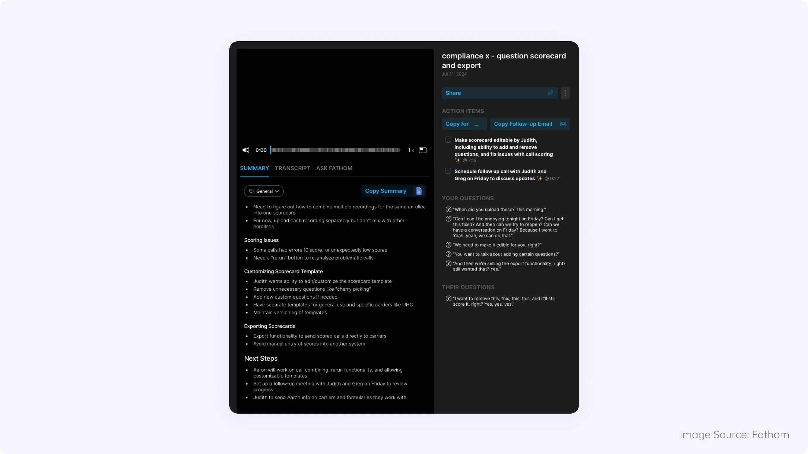 Assistant Pattern Proactive Guidance example from Fathom AI assistant interface offering real-time insights, explanations, and alerts autonomously, guiding users without explicit prompts
