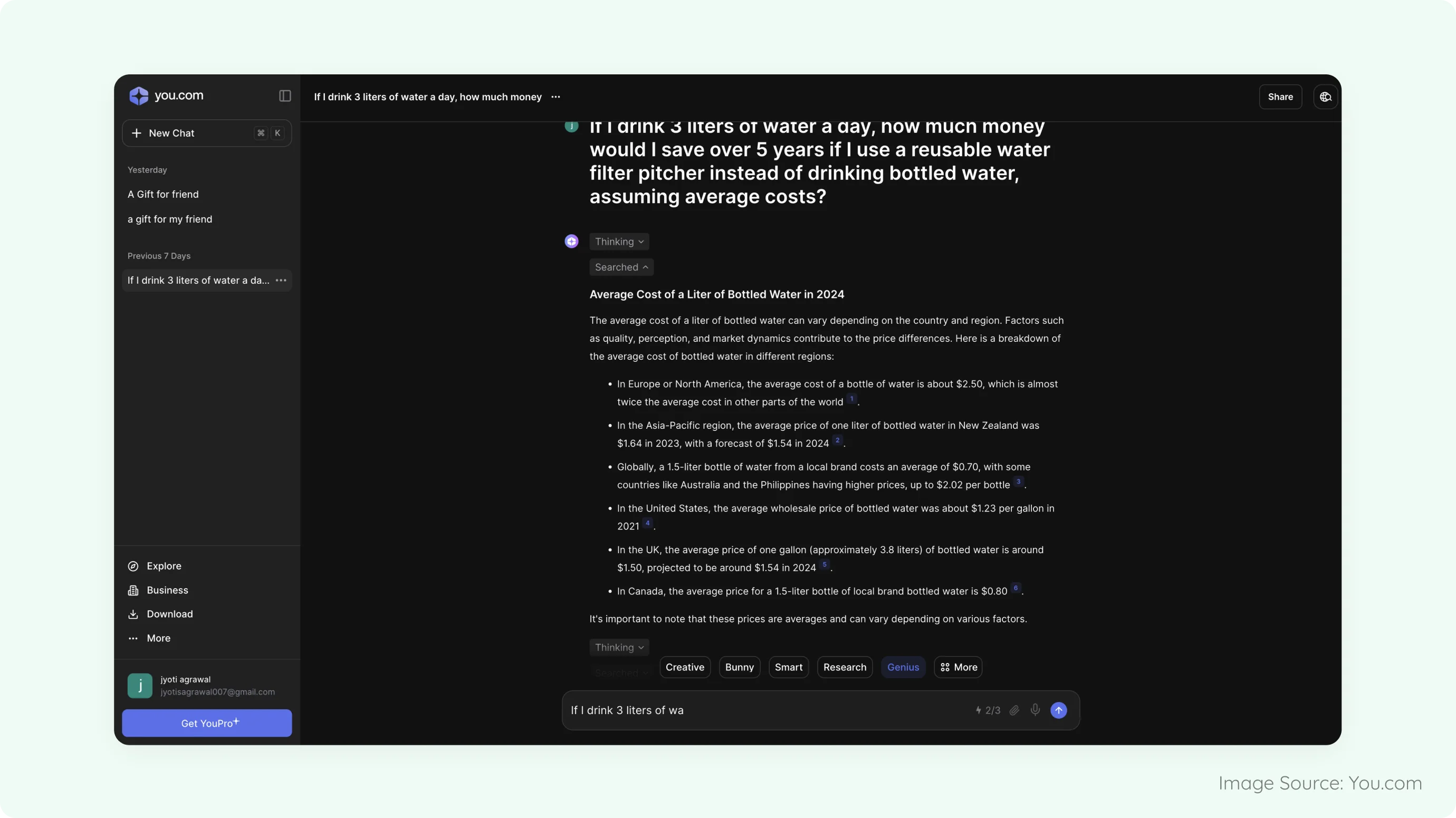 Explainability Layers Interface example from You dot com Explanation interface showing detailed technical insights