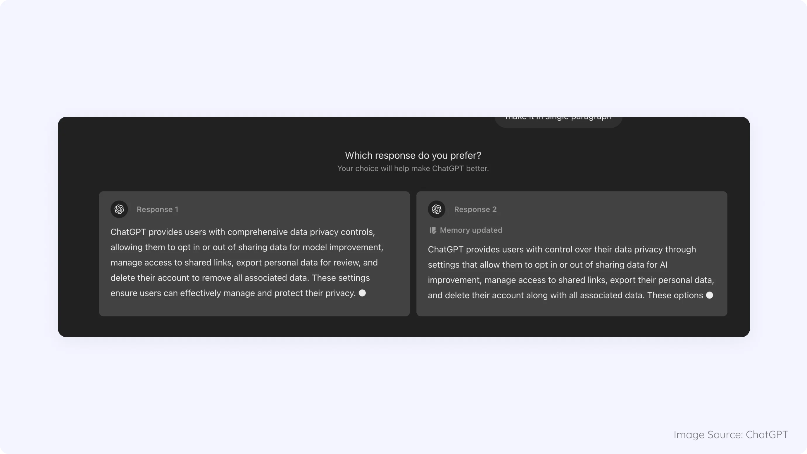 User-Driven Training Feedback Interface example from ChatGPT Feedback controls including multiple responses that allow users to train AI by providing granular feedback on its outputs