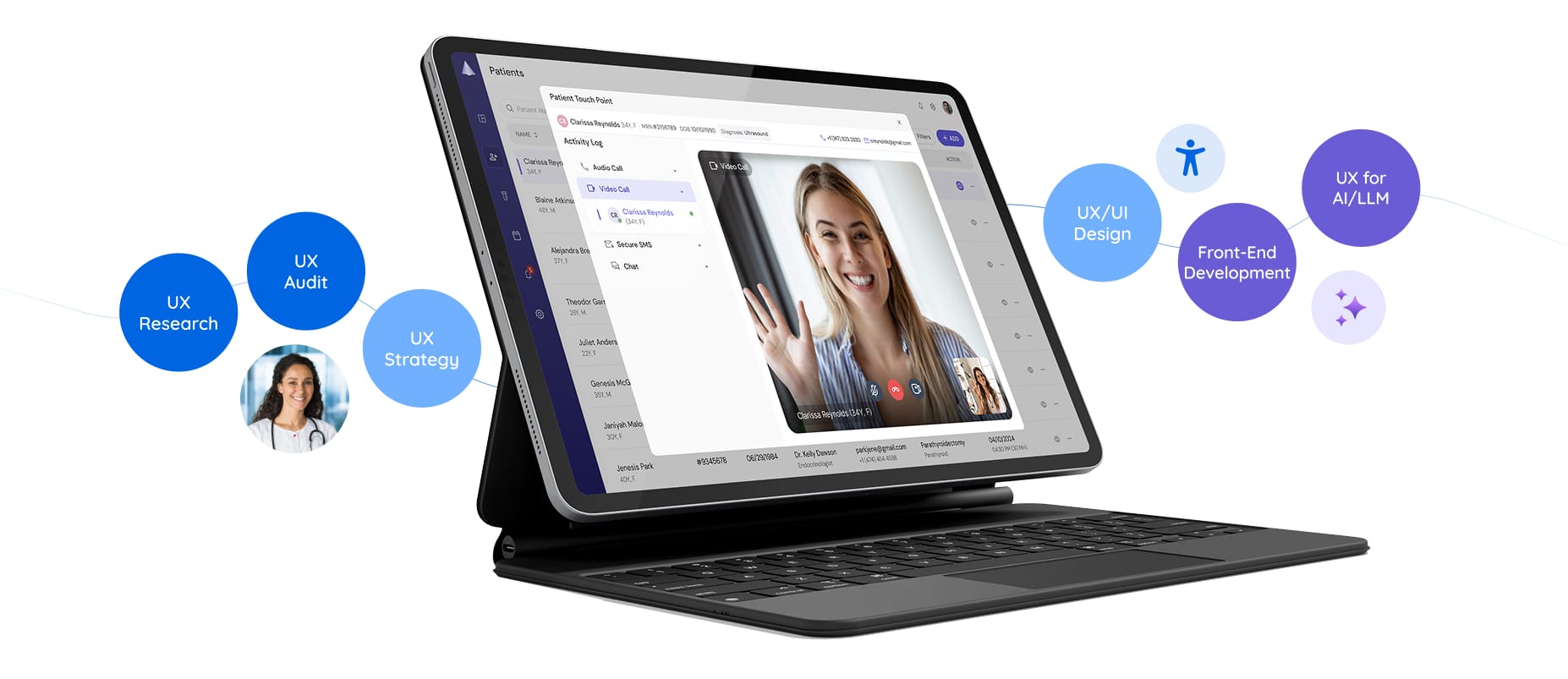 Top UX Design Agency Page Banner Collage with the mockup of a telehealth app and services offered by Koru